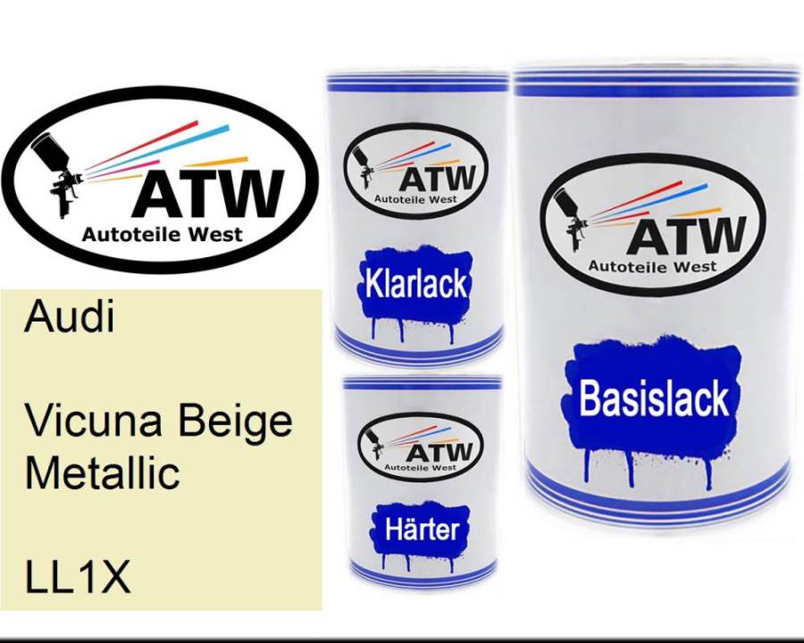 Audi, Vicuna Beige Metallic, LL1X: 500ml Lackdose + 500ml Klarlack + 250ml Härter - Set, von ATW Autoteile West.